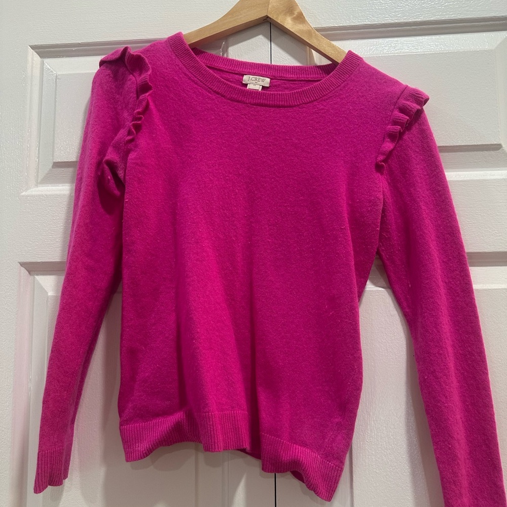 J. Crew Fuchsia Ruffle Crew Neck Sweater